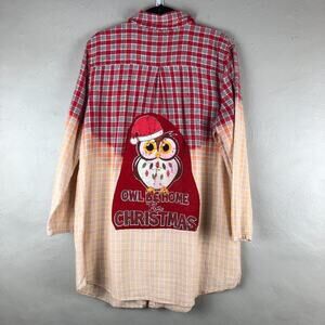 Sonoma Intimates Red Plaid Flannel Dip Bleached Owl Christmas Holiday Sleepshirt